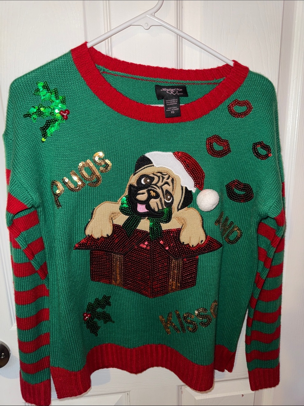 Hooked Up by IOT Green and Red Pug Holiday Sweater